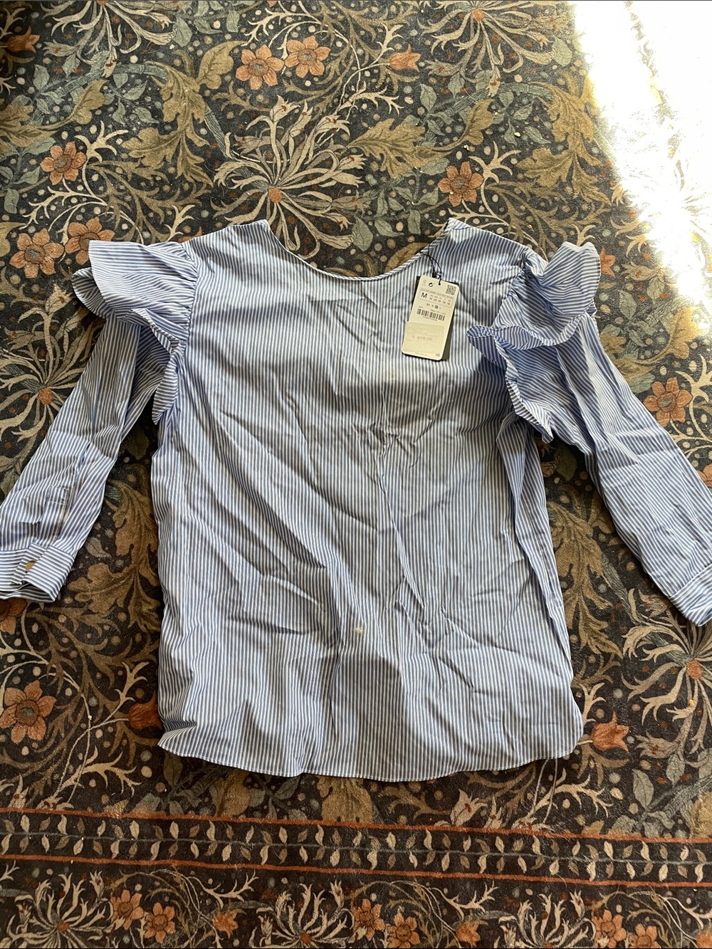 Zara Blue & White Striped Ruffle Shoulder Blouse